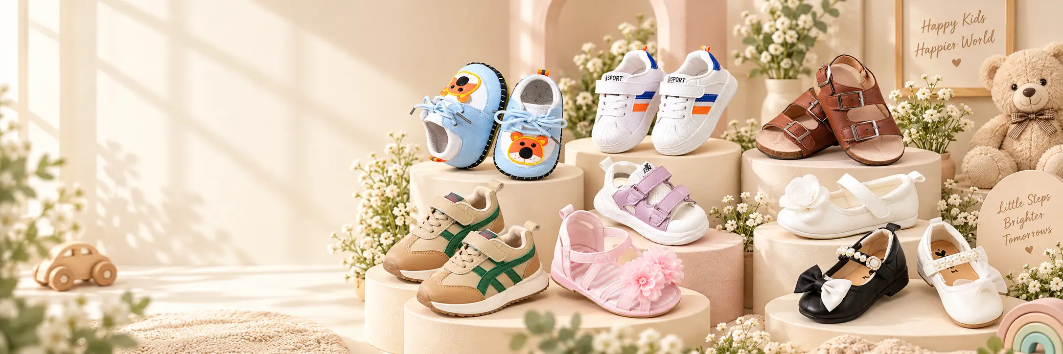 Baby and kids shoes collection banner featuring sneakers, sandals and party shoes at HAVEit360